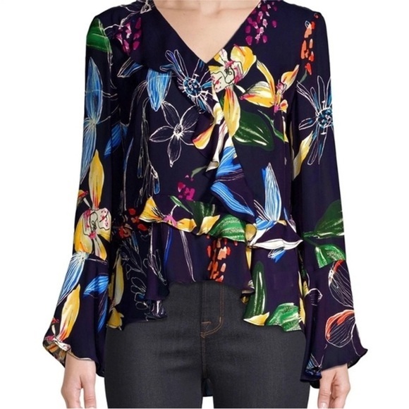 Parker Gardenia Nights Navy Floral silk blend blouse ruffle peplum detailing - Picture 9 of 10